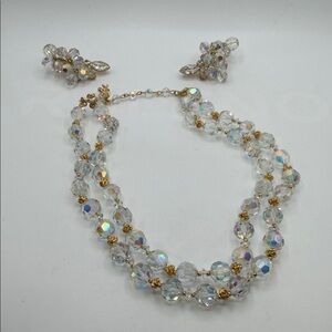 VTG Signed Vendome AB Double Strand Crystal Necklace & Clip Earrings Set